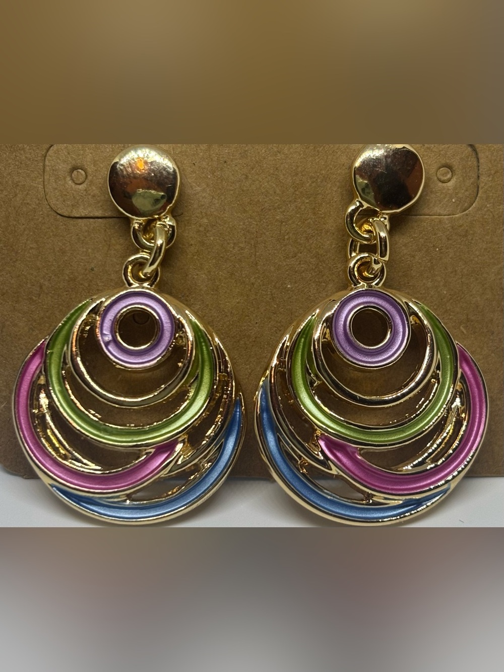 Gold-Tone Multicolor Enamel Hoop Drop Earrings Post Back